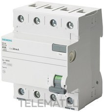 SIEMENS - INT.DIF.5SV CLASE-AC 4P 63A 300mA 70mm